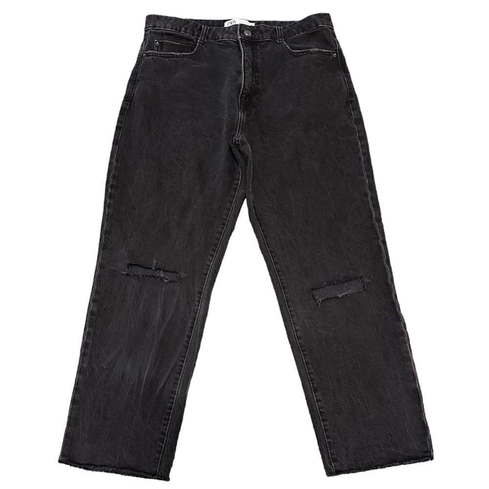 Zara Black Straight Leg High Waist Holes Knees Raw Hem Relaxed Denim Jeans